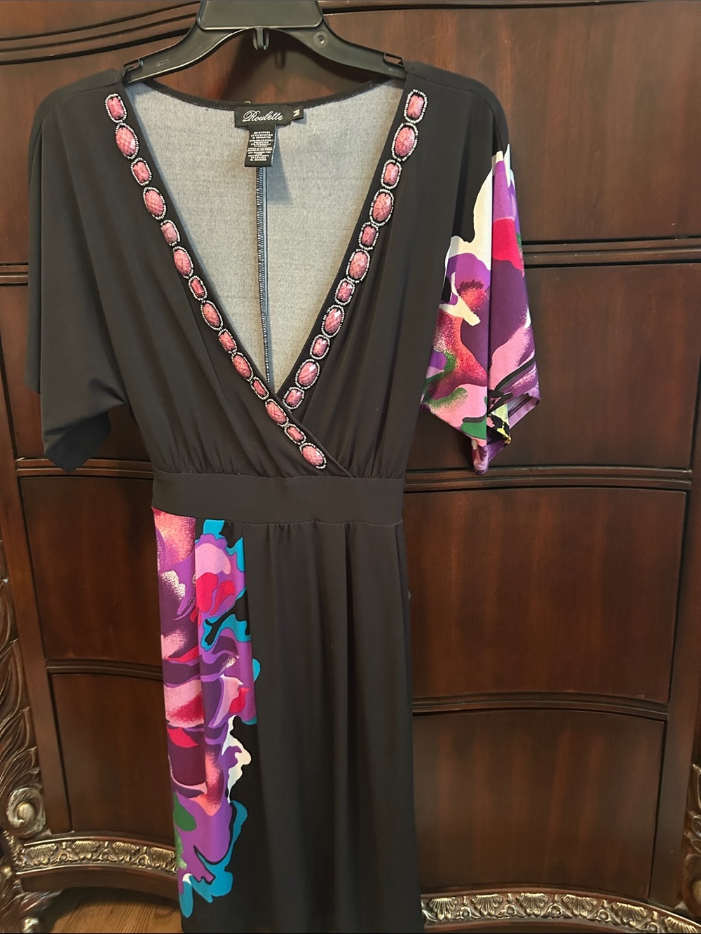Roulette Black Midi Dress with Pink and Purple Floral Accents